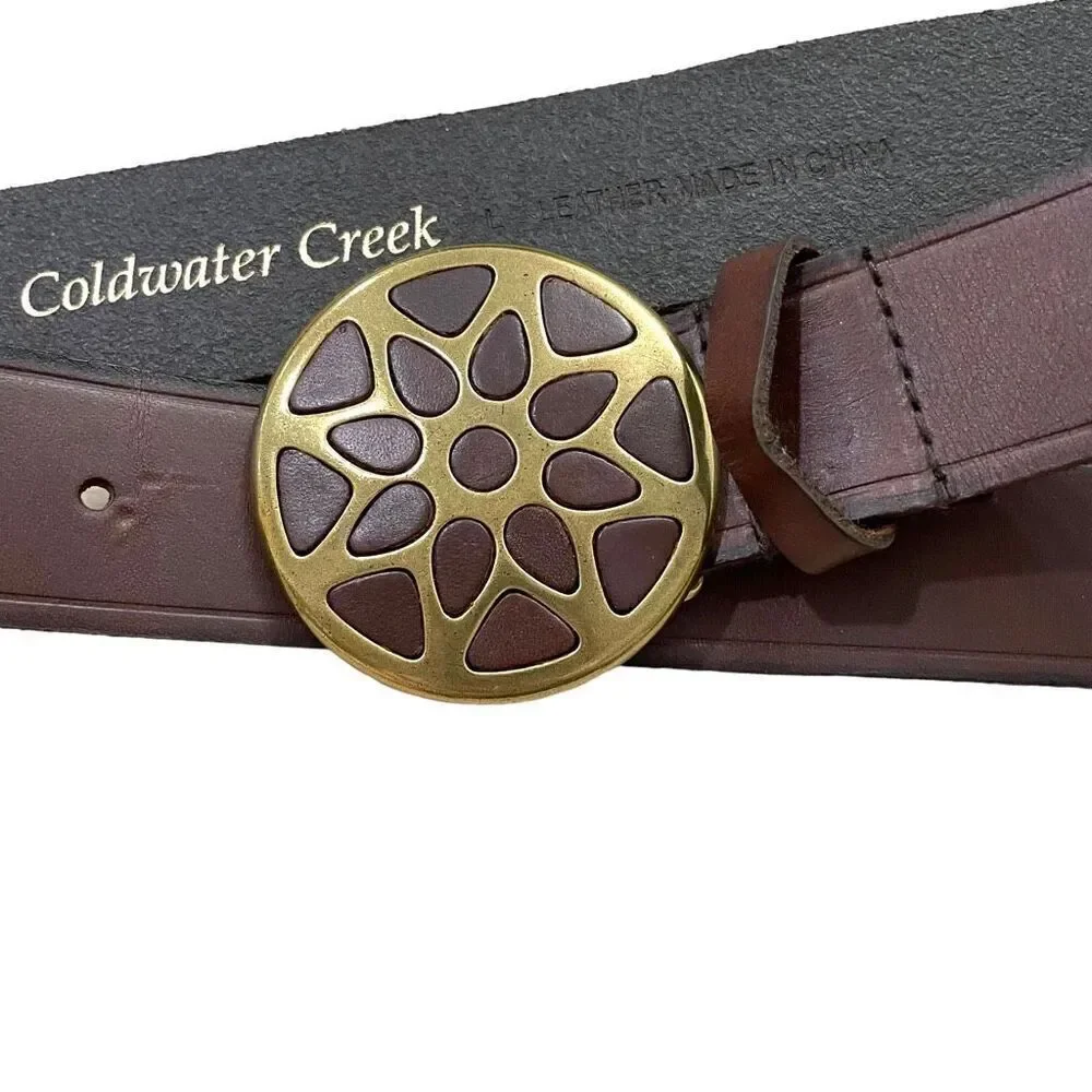 Coldwater Creek leather belt round brass tooled buckle Size L brown boho western